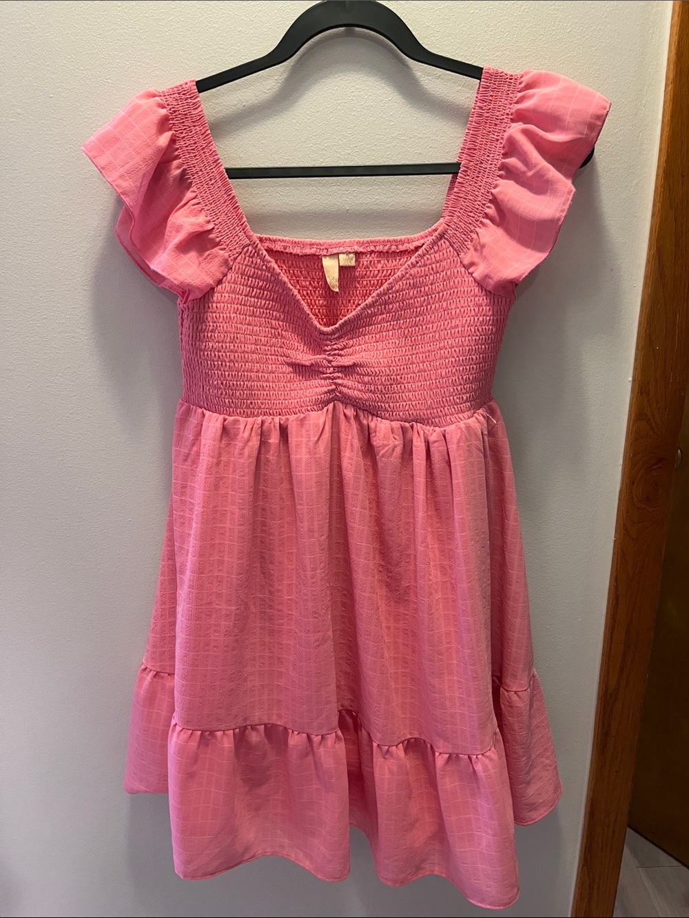 Junior’s Pink Smocked Ruffle Sleeve Dress